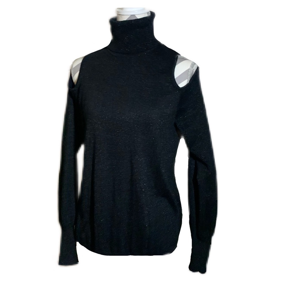 DKNY Cold Shoulder Black w/ Metallic Long Sleeve Sweater